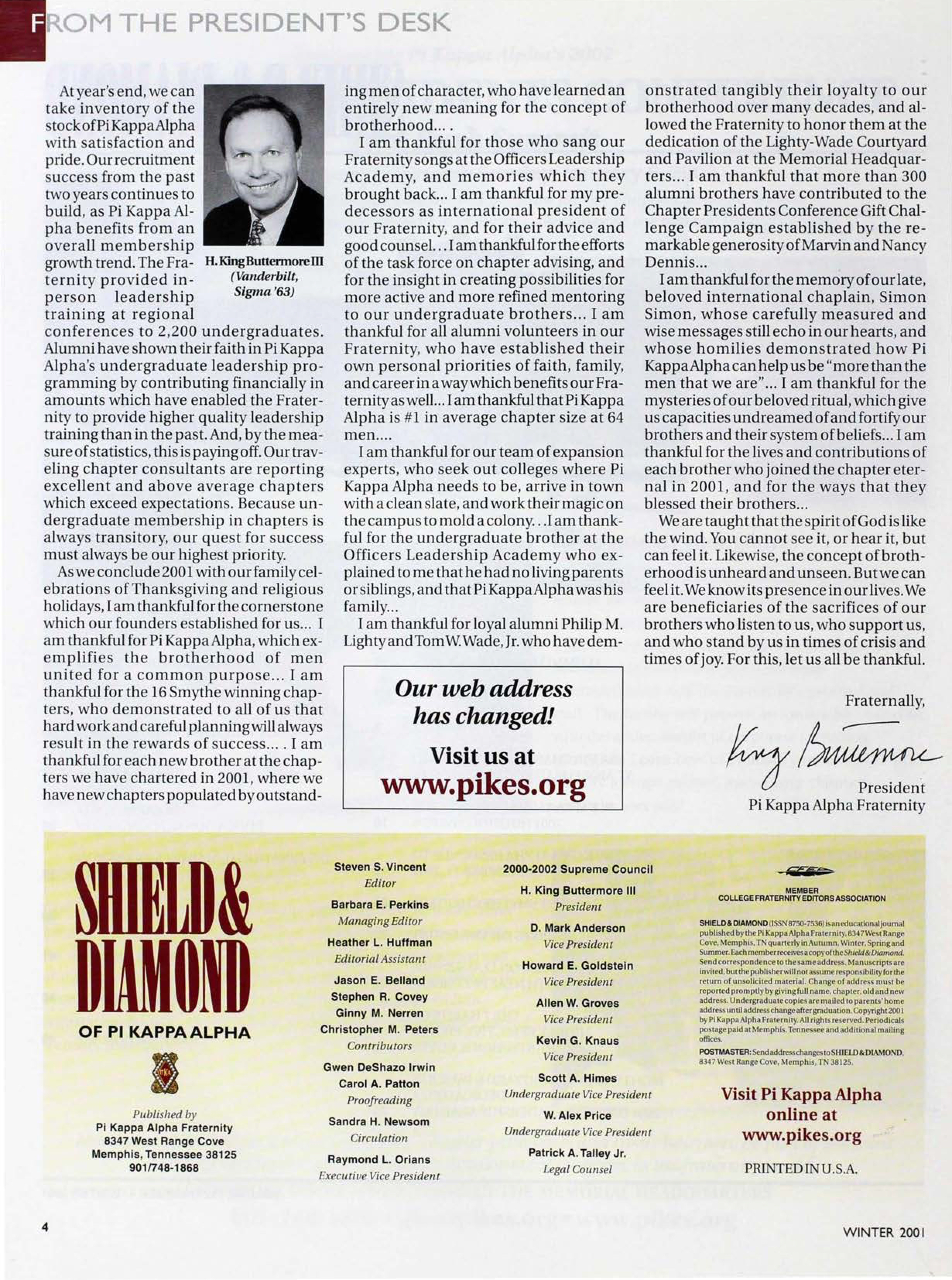 From The President's Desk, Winter 2001